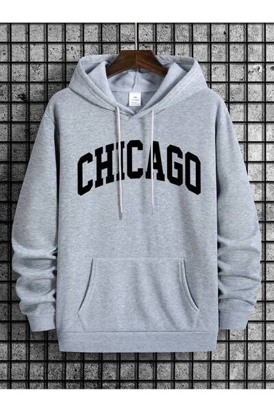 PERISENSE سويت شيرت رمادي سميك من الداخل مطبوع عليه شيكاغو ذو قصة واسعة/واسعة...