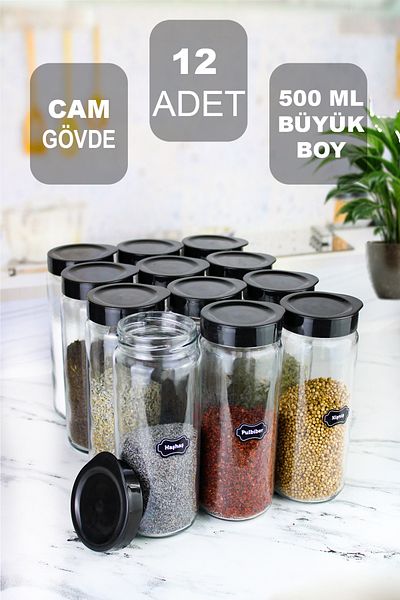 Denizcan Home Large Size Glass Spice Rack Set with 12 Black Color Leak Proof Lids