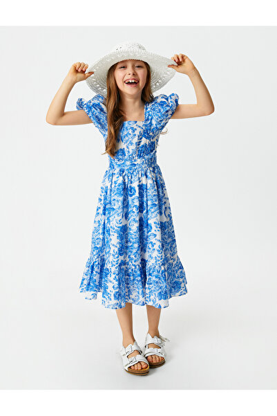 Koton Midi ruha virágos rövid léggömb ujjú négyzet alakú nyakkal bélelt