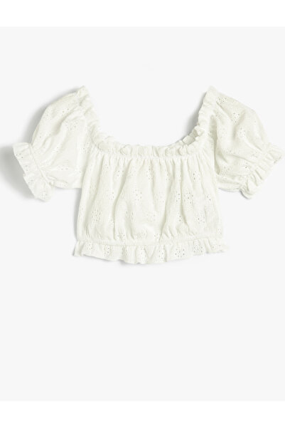 Koton Crop-Bluse, durchbrochen, kurze Rüschen mit Ballonärmeln