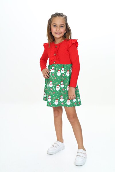 Toontoy Girl's Sleeve Ruffle Detail Buttoned Snowman Printed Dress