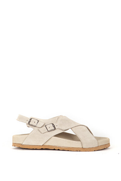 Dericlub Beige Women's Suede Leather Sandals - Double Buckle, Banded Zy 7541