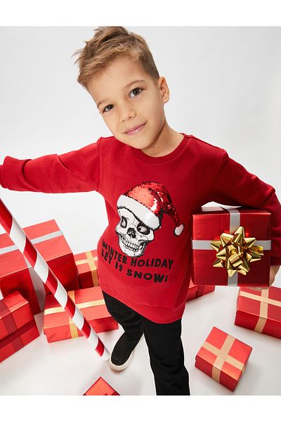 Koton Sweatshirt Sequin Sequin Embroidered Christmas Themed Skull Printed