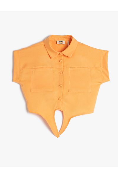 Koton Crop Shirt Front Tie Detail Short Sleeve Pocket Modal Fabric