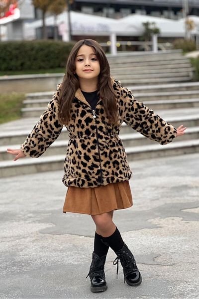 ABİYEKİDS Плюшено кожено палто с качулка и леопардов шарен мотив за момиче - Aby187