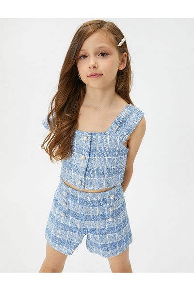 Koton Tweed Crop Blouse - Sleeveless and Pearl Button Detail