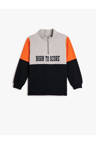 Koton Sweatshirt Half Zipper Stand Collar Color Block Printed