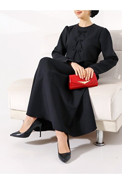 Modamorfo Ribbon detailed imported crepe dress -black