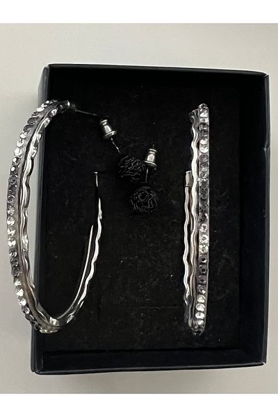 tones official Black-White Stones Large-Large-Long Set of 4 Hoop Earrings