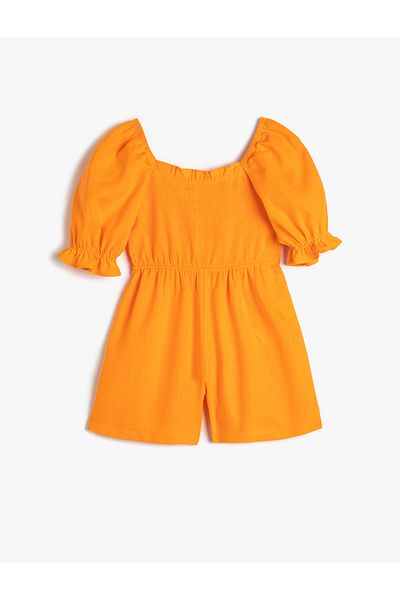 Koton Jumpsuit Linen Blend Short Sleeves Square Collar with Gipe Detail on the Back