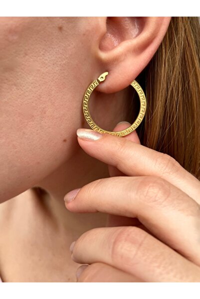 Hora Greek Motifli Gold Çelik Halka Küpe