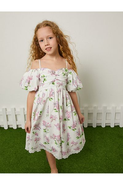 Koton Geblümtes Midikleid, schulterfrei, Ballonärmel, gefüttert