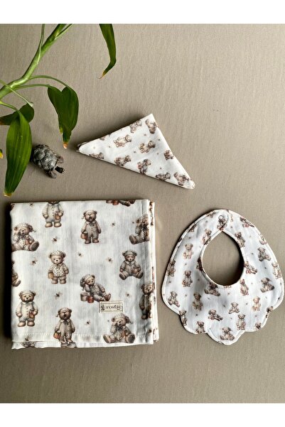 SNOWFLAKE طقم غطاء، مريلة، منديل من الموسلين بنقشة دمية دب من القطن العضوي بن...