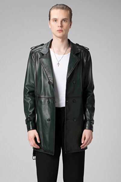 Dericlub Getafe Erkek Kruvaze Yaka Hakiki Deri Trençkot Yeşil