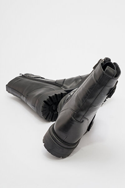 Dericlub Kadın Kalın Taban Kemer Detaylı Günlük Bot Gerçek Deri Br 66164 Siyah