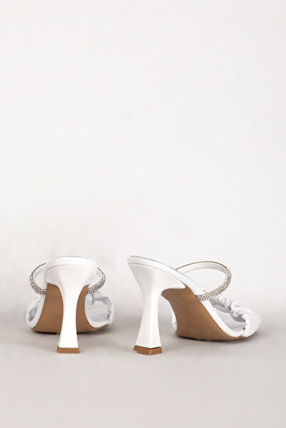 Dericlub White Stone Heeled Women's Evening Dress - Zy 7716 Genuine Leather