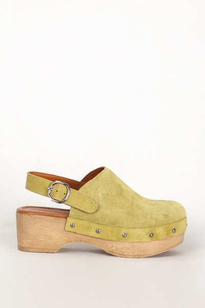 Dericlub Pistachio Green Suede Leather Zy 7607 - Γυναικείες παντόφλες τσόκαρα με κλειστά δάχτυλα και ζώνη