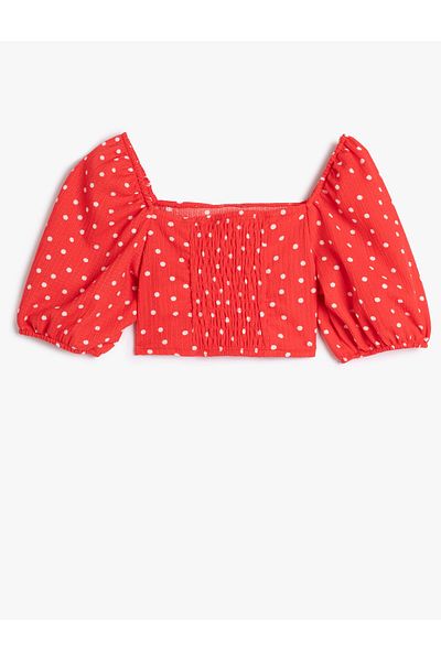Koton Balloon Sleeve Crop blúz pöttyös, vékony szabású masnival