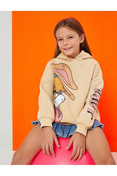 Koton Lola Bunny Printed Licensed Hooded Sweatshirt with Slogan Printed on the Back