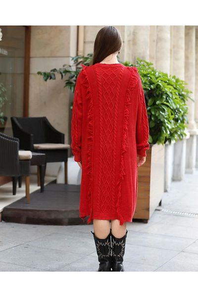 Sosyete Kaplumbağa Authentic 100% Cotton Knitwear Long Sleeve Print Knitted and Tassel Detailed Washable Dress