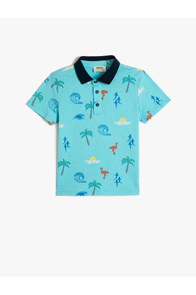 Koton Polo-T-Shirt mit kurzen Ärmeln, geknöpft, mit Palmenmuster aus Baumwolle