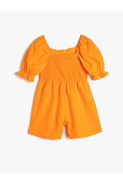 Koton Jumpsuit Linen Blend Short Sleeves Square Collar with Gipe Detail on the Back