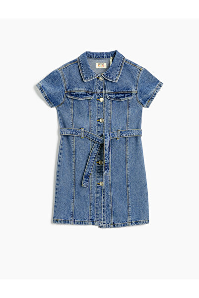 Koton Kot Elbise Kısa Kollu Kuşak Detaylı Gömlek Yaka Pamuklu