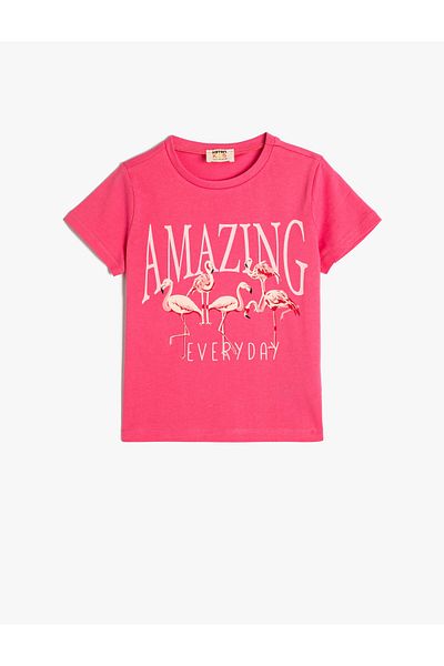 Koton Cotton Flamingo Printed Short Sleeve Crew Neck