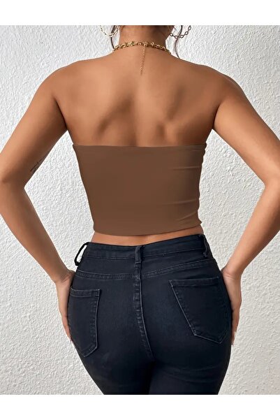 Olyssia Women's Coffee Strapless Crop Top Bustier – Stretchy Bandeau Single Jersey Fabric Blouse – Basic Stylish Casual Top