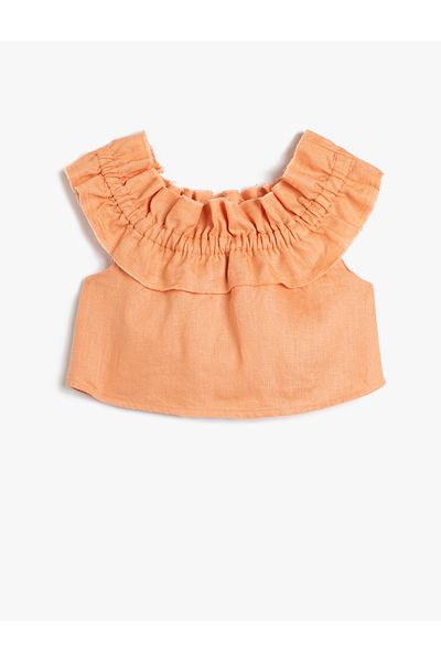 Koton Linen Blouse Crop Off Shoulder Ruffles