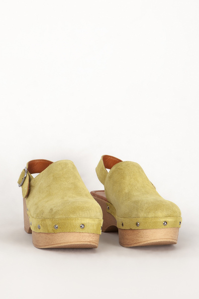 Dericlub Pistachio Green Suede Leather Zy 7607 - Γυναικείες παντόφλες τσόκαρα με κλειστά δάχτυλα και ζώνη