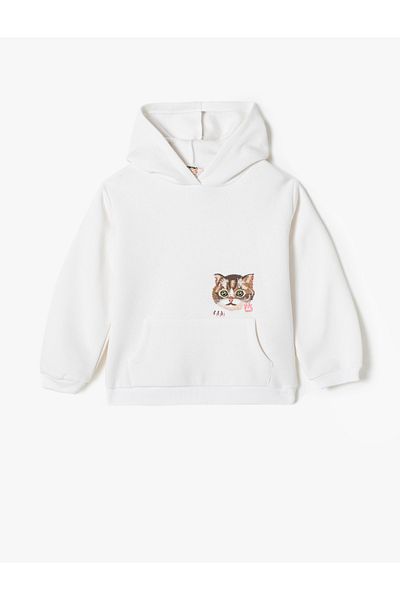 Koton Hooded Sweatshirt Cat Printed Long Sleeve Ribbon