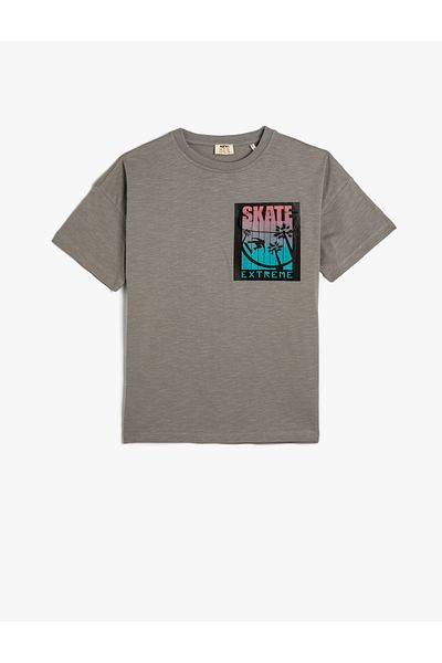 Koton Short Sleeve T-Shirt Printed Flap Pocket Detailed Crew Neck Cotton