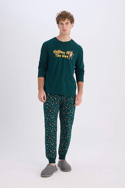 DeFacto Sada pyžama s novoročním motivem Crew Neck Potištěný Dlouhý rukáv Top Dlouhé Spodní 3193475