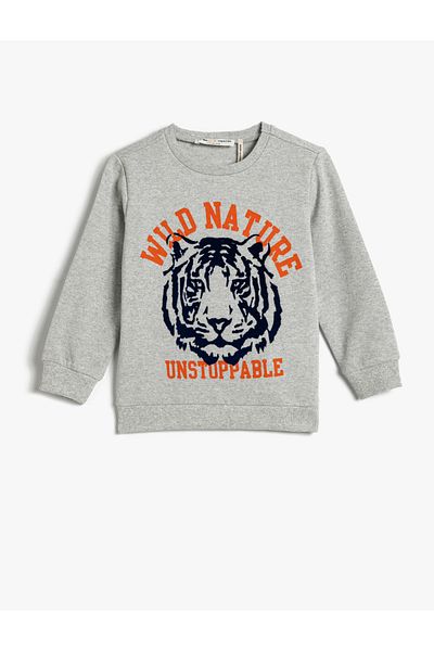 Koton Cotton Tiger Printed Raised Crew Neck Sweatshirt