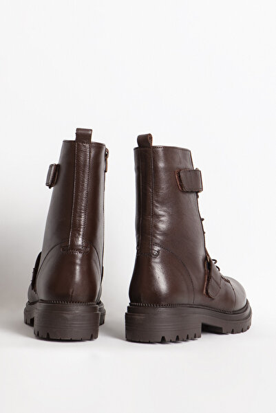 Dericlub Καφέ Γυναικείες Μπότες - Χοντρή σόλα, Λεπτομέρεια ζώνης, Γνήσιο δέρμα BR 66164