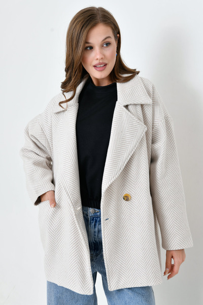 POLANGEL Balık Sırtı Çizgi Desenli Standart Beden Oversize Kalıp Astarlı Bej ...