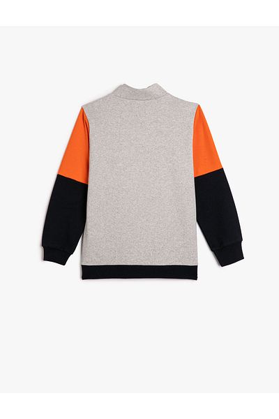 Koton Sweatshirt Half Zipper Stand Collar Color Block Printed
