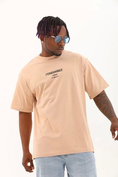 SaklıModa Μπλουζάκι Unisex Oversize Crew Neck σε μπεζ χρώμα - εμπριμέ