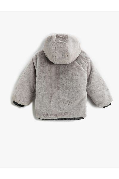 Koton Plush Hooded Bomber Jacket with Pockets, Cuffs and Elastic Waist