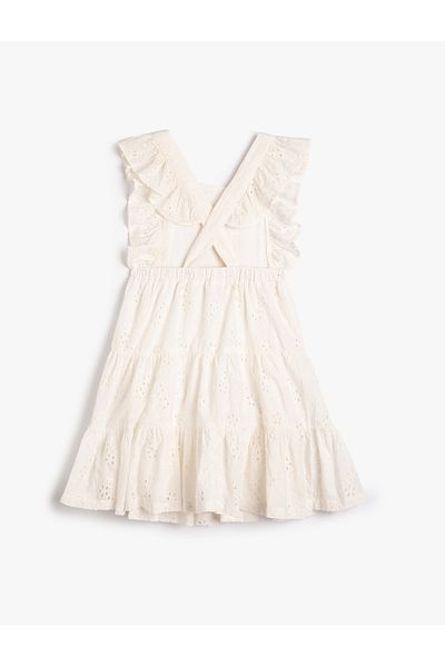 Koton Floral Embroidered Ruffle Dress with Straps on the Back and Cotton