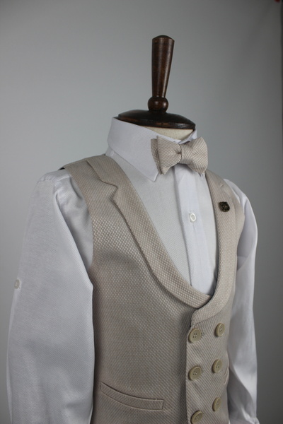 Rüyam Erkek Çocuk Yelek Kombin / Krem  Alt Üst Takım Set / 3 Pcs