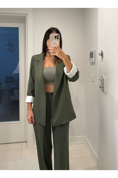 cn novembersun سترة نسائية ذات أكمام كاكي قابلة للطي مع بدلة بنطلون بالازو