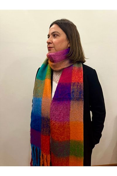 alsaccessories Blue Square Pattern Boucle Puff Shawl - Length 205Xwidth 40cm