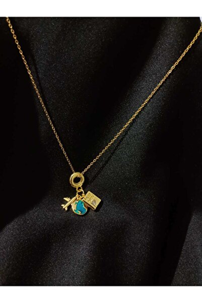 stainless steell Çelik Kolye Uçak Dünya Pasaport Charmlı Gold