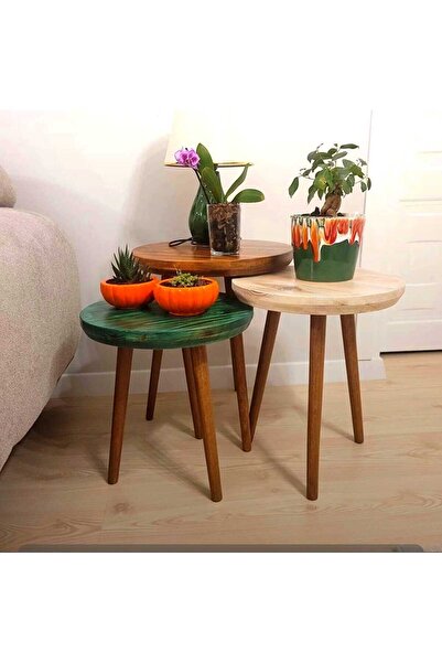 Yonga Doğal Ahşap Masif Kütük 3'lü Zigon Sehpa Servis Sehpası Orta Sehpa Yan Sehpa