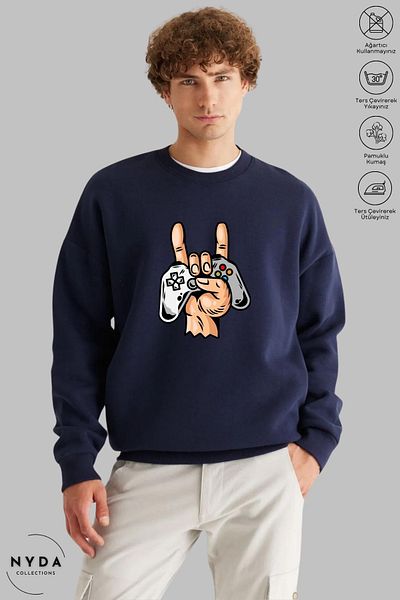 Nyda Collections Унисекс суитшърт с дълъг ръкав, щампа на игрова конзола и кръгло деколте, без качулка и повдигнати елементи