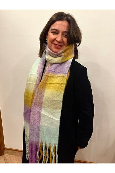 alsaccessories Yellow-Purple Square Pattern Boucle Puff Shawl - Length 205X Width 40 cm