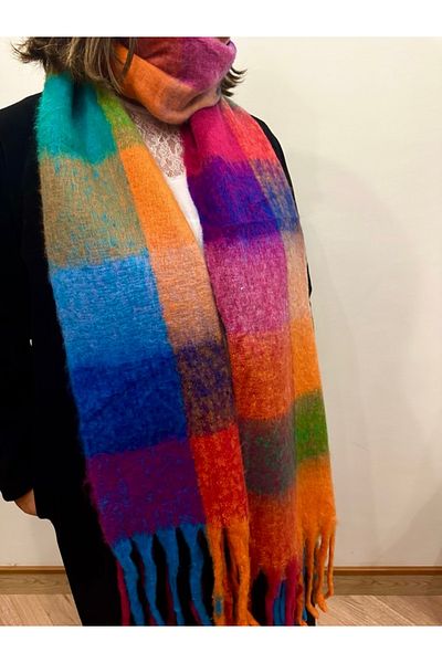 alsaccessories Blue Square Pattern Boucle Puff Shawl - Length 205Xwidth 40cm