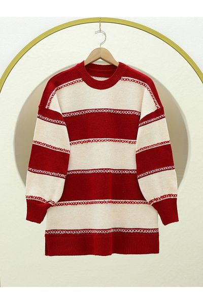 Modamorfo Cross Stripe Patterned Knitwear Tunic -Red